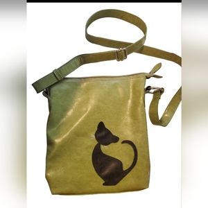 Vintage vegan crossbody purse with black cat applique
